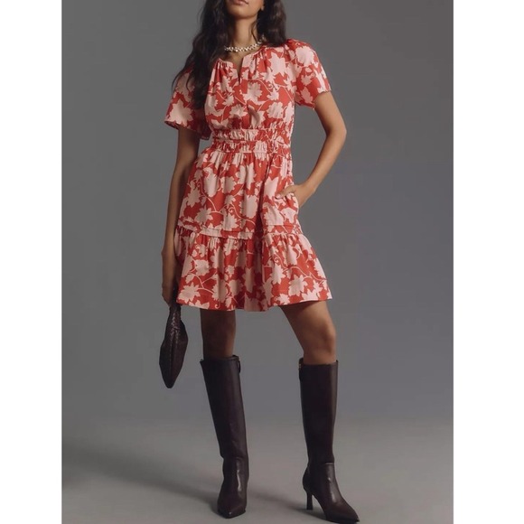 Anthropologie Dresses & Skirts - ANTHROPOLOGIE Somerset Mini Dress Womens Red Peach All Over Print Floral Size LP